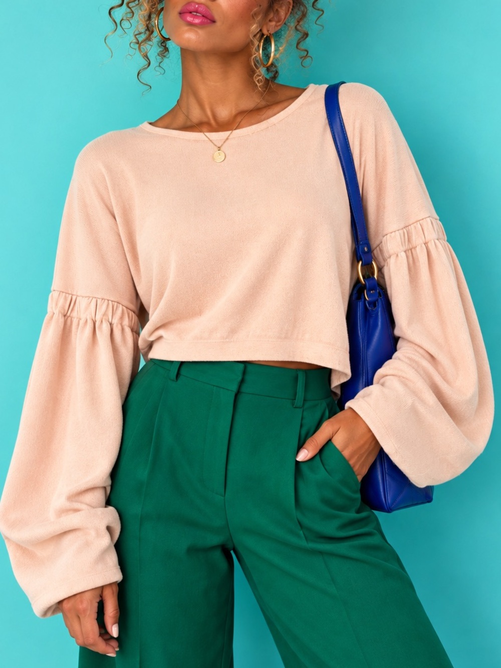 Zara Knit Cropped Balloon Sleeve Sweater Blush Peach Top Size M